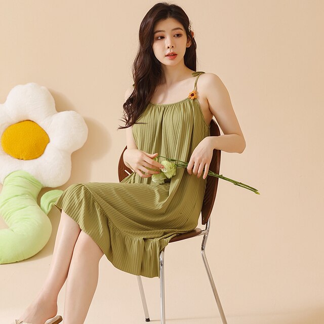 Big Yards M-5XL Sexy Spaghetti Strap Women Nightgowns Cotton Night Dress Casual Home Dress Night Shirt Sleepwear Nightwear 4XL