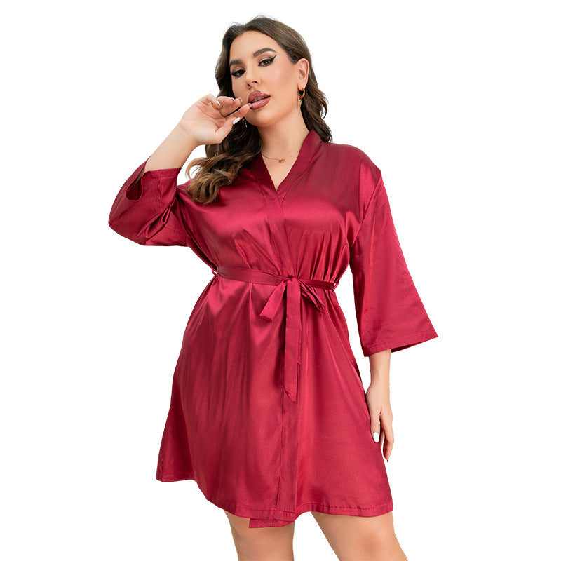Large size pajamas for women in summer European and American women's bathrobe sexy morning gown home service can be worn outside ice silk nightgown