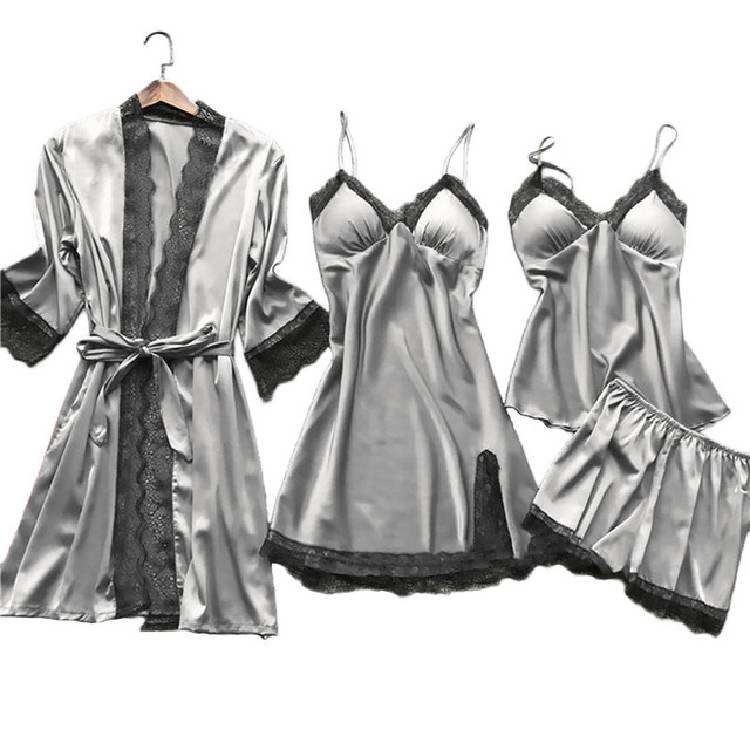 4PC Silk Robe Sleep Suit Womens Lace Satin Pajamas Gown Set V Neck Cami Nighties Wear Pijama Home Nightwear Spring Nightdress