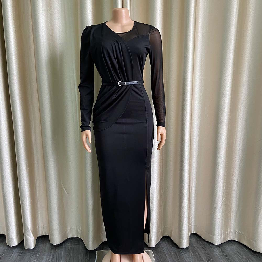See Through Long Sleeve Tulle Ruffle Slit Long Maxi Dresse 2022 Summer Evening Party Dress Women Irregular Slim Bodycon Dress
