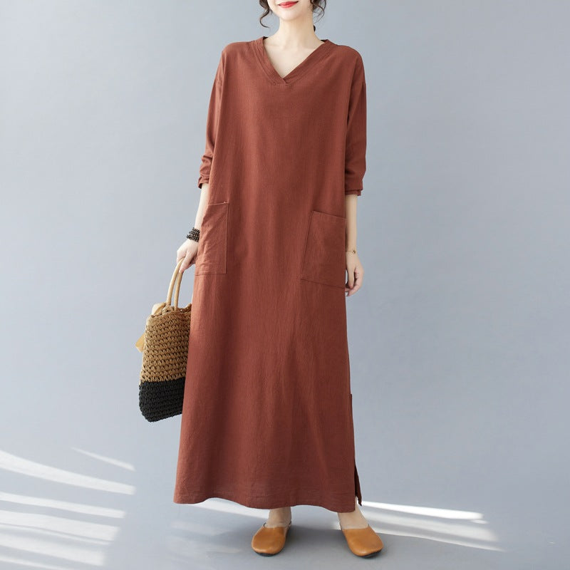 Plus-size women's clothing 2023 new fat MM retro cotton and linen V-neck plus fertilizer and enlarged  long-sleeved dress