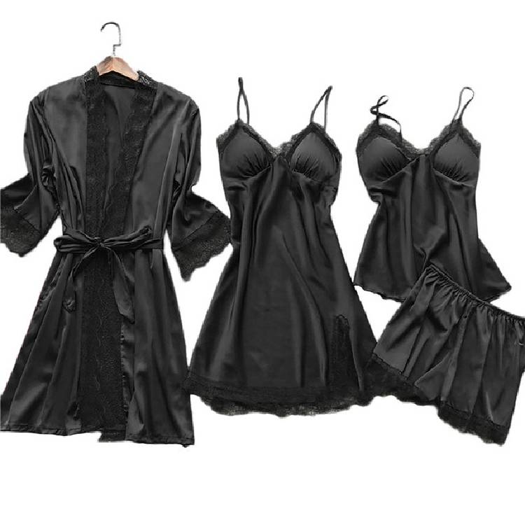 4PC Silk Robe Sleep Suit Womens Lace Satin Pajamas Gown Set V Neck Cami Nighties Wear Pijama Home Nightwear Spring Nightdress