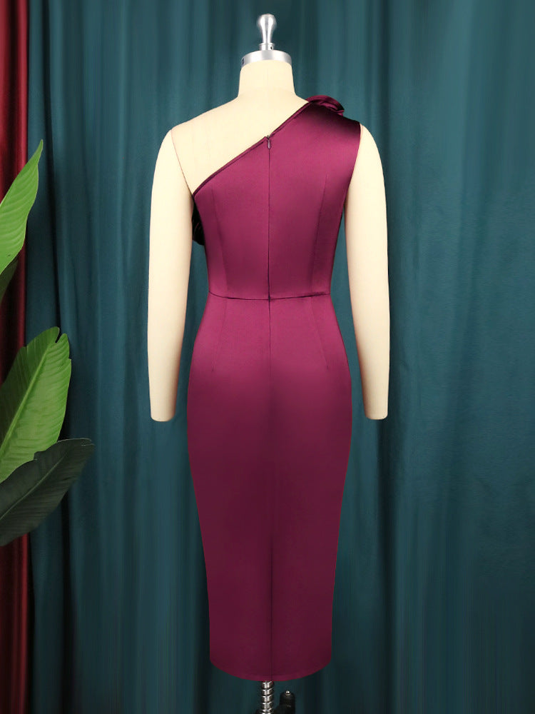 Vintage Women Burgundy Bodycon Dress Elegant Bare Shoulder Ruffled Elastic Satin Silky Dress Formal Party Birthday Evening Wear