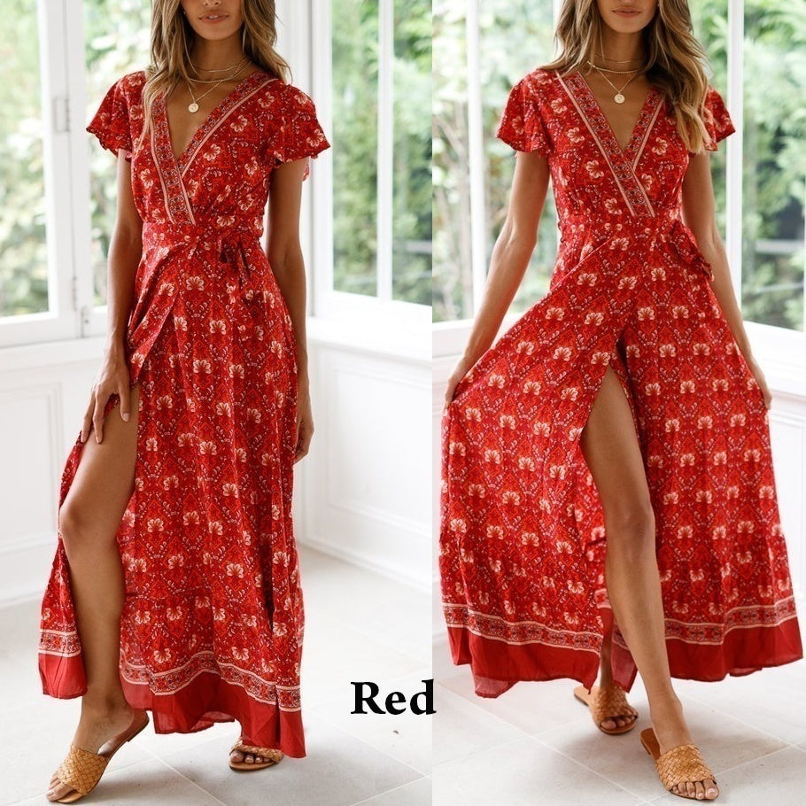 Women's Summer Flower Dress Short Sleeve Boho Maxi Dress Printed Flower Dress Maxi Beach Dress