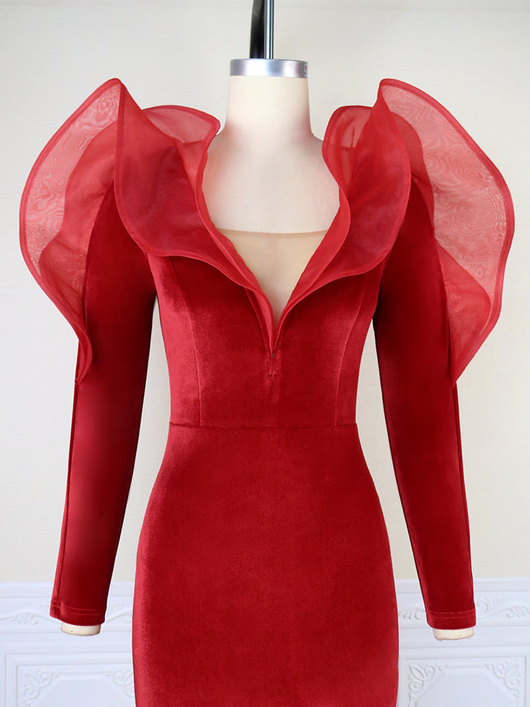 AOMEI Velvet Dress Women Red Christmas Evening Party Deep V Neck Ruffles Long Sleeve High Waist Bodycon Cocktail Event Gowns