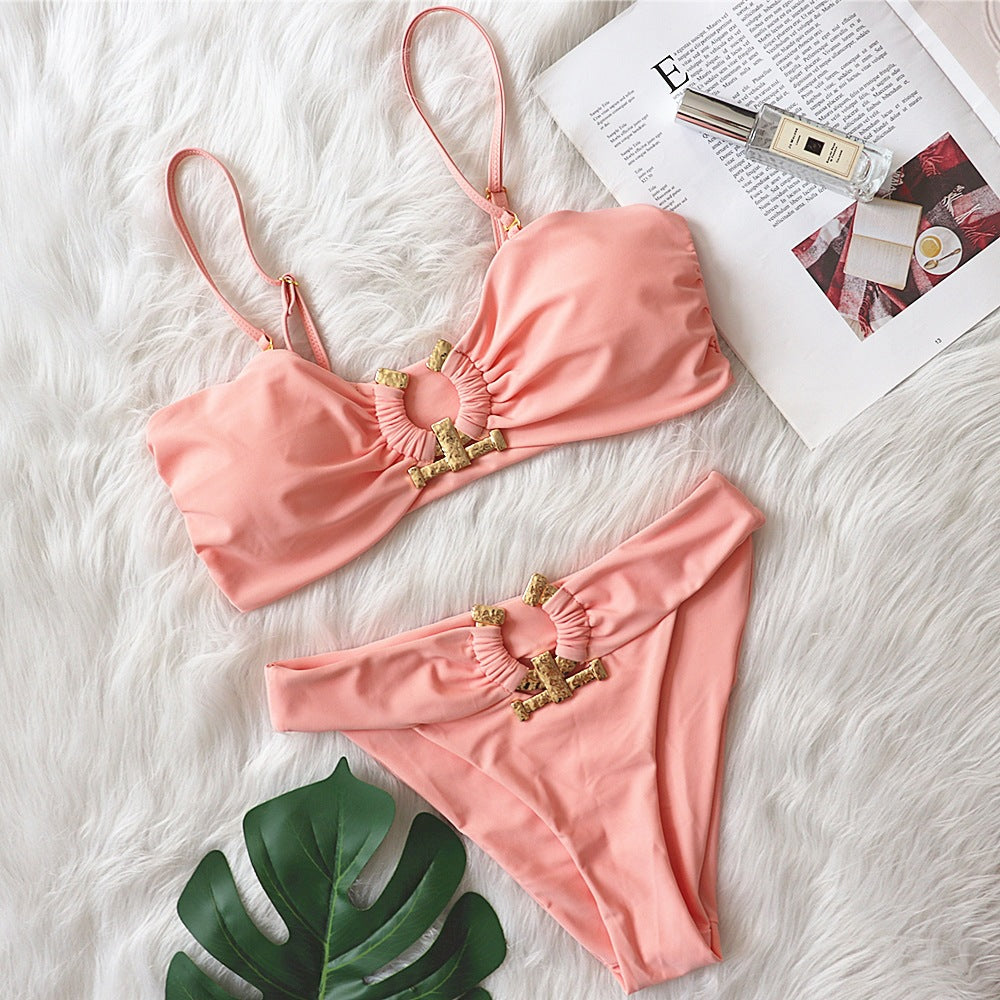 Explosive new style European and American bikini solid color tube top high waist swimsuit metal accessories female swimwear