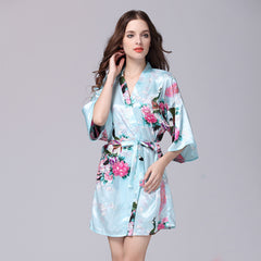 Silk Pajamas Ladies Summer Mid Sleeve Peacock Pajamas Ice Silk Plus Size Homewear