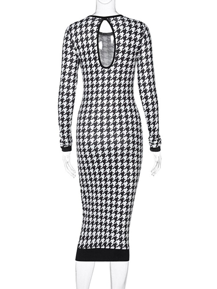 فستان نسائي طويل الأكمام مطبوع بنقشة houndstooth فستان متوسط ​​الطول بفتحات واسعة ملابس خروج مثيرة لخريف وشتاء 2022 نادي أنيق ضيق 