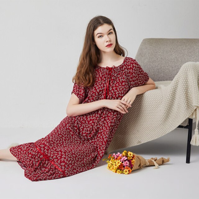 Summer Cotton Nightdress Women Korea Style Elastic Collar Short Sleeve  Long Dresses Nightgown Sleepwear Homewear Female