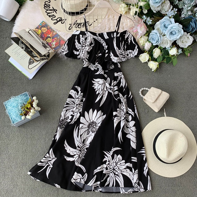 [فستان بحمالات بدون أكتاف برقبة واحدة] فستان رمضاني على الطراز العرقي العربي ذو ثنيات على شاطئ البحر لقضاء العطلات والترفيه فستان مطبوع يناسب الجميع