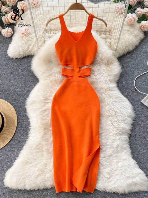 Summer Knit Sexy Strap Dress Women Hollow Out Elatic Waist Bodycon Sundress Female Beach Split Backless Long Dress