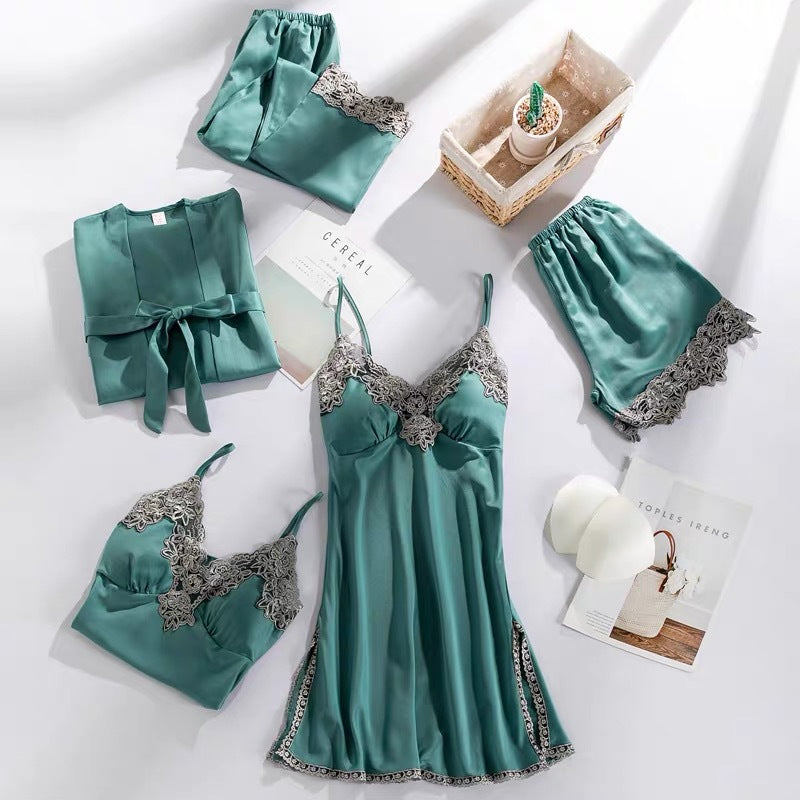 Five-piece pajamas women's summer thin ice silk suspender nightdress nightgown set