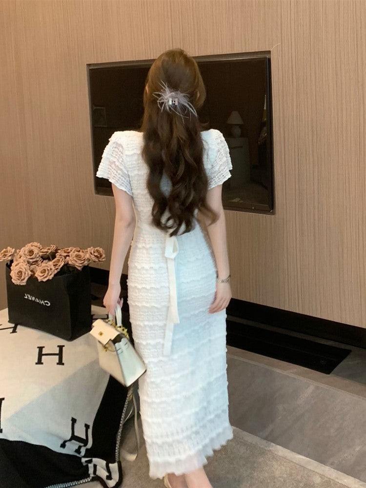 Dress women's new summer waist slimming high-end one-piece tie temperament long skirt