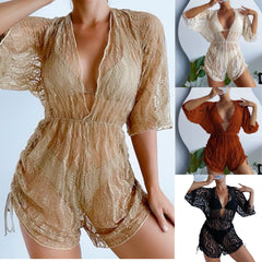 Mesh three-piece swimsuit solid color drawstring corset sunscreen beach vacation swimsuit female bikini