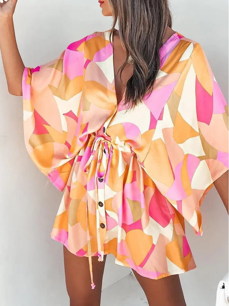 فستان قصير غير رسمي لقضاء العطلات على الشاطئ بوهو للنساء فساتين صيفية مطبوعة بأربطة وأكمام تشبه جناح الخفّاش للنساء رداء نسائي فضفاض