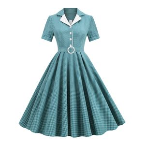 تنورة توفار ذات الياقة المدببة بإبزيم وحزام كلاسيكي منقوش متوسط ​​الطول للسيدات بأكمام قصيرة 50s فستان فيروزي