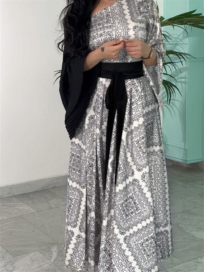 Elegant off-the-shoulder fashion print tie dress