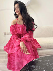 Rose Red Chiffon Double Layer Cake Dress