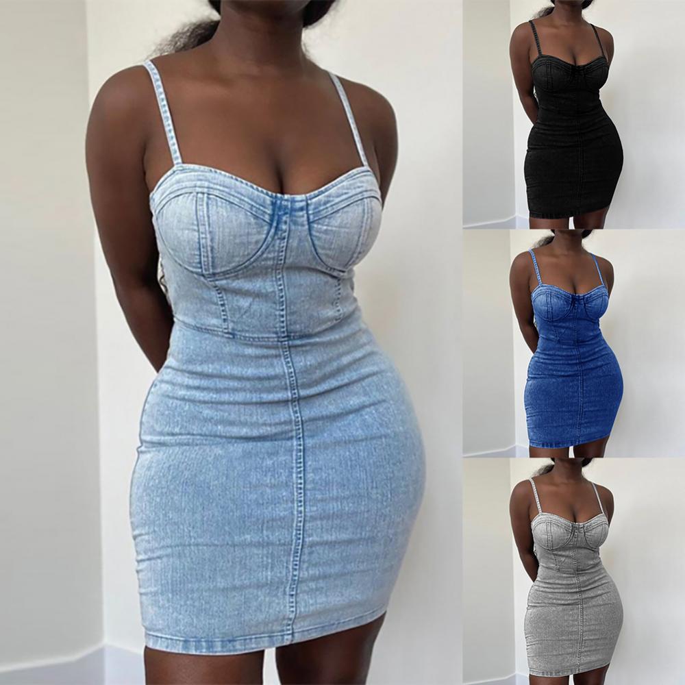 Women Sexy Solid Color Denim Dress Spaghetti Straps Waist Tight Bodycon Mini Dress