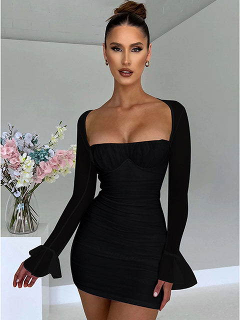 Mozision Elegant Backless Sexy Mini Dress For Women Robe Two Layer Mesh Full Sleeve Zipper Bodycon Party Short Dress Vestido