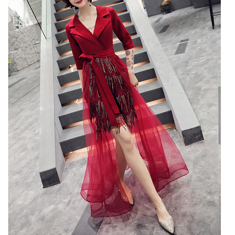 Women's front short and back long fashionable party dress V-neck mid-sleeve fringed sequin birthday party dress Slim bag hip skirt