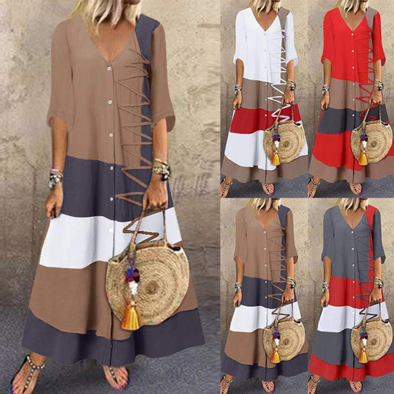 بوهو طباعة فساتين النساء الصيف عادية ريترو فضفاض قصير الأكمام فستان عطلة حفلة أنيقة الخامس الرقبة زر فستان الشمس