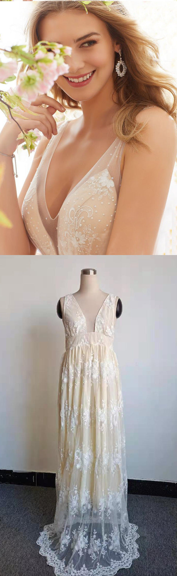 2023 spring European and American foreign trade new wedding dress wish Amazon sexy V-neck sleeveless lace wedding dress