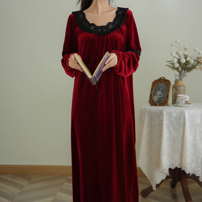 Women Winter Warm Night Dress Vintage Lace Round Neck Plus Size Nightgown Thicken Long Sleeve Thermal gold velvet pajamas court style dress Sleepwear