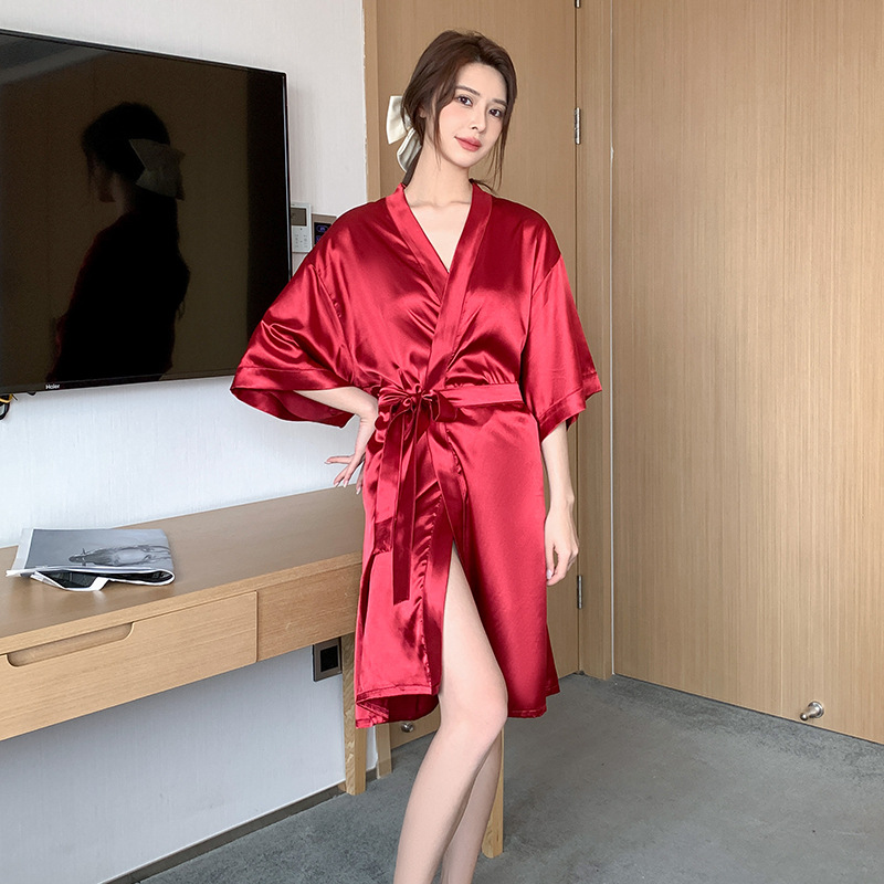 European and American solid color nightgown women's thin dressing gown sexy  silk cardigan bathrobe