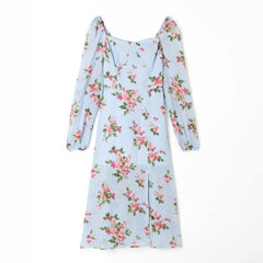 Vintage Women Floral Print Split Midi Dresses Long Sleeve Chic Bodycon Dress Female Square Collar Elegant Party Dress