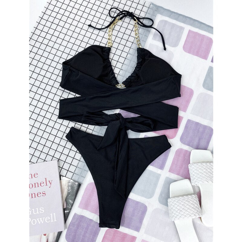 New Chain Halter Bikinis Sets Women's Swimwear 2022 Sexy Backless Cross  Swimsuits Female Swimming Bathing Suits Beachwear