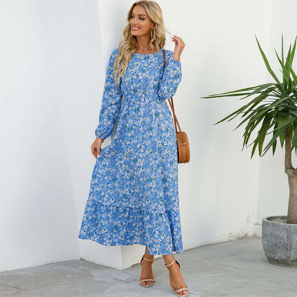 Sping Summer Bohemian Women Maxi Dress Casual Long Sleeve  Waist Beach Woman Chiffon Dresses Floral Vestidoes Mujer New