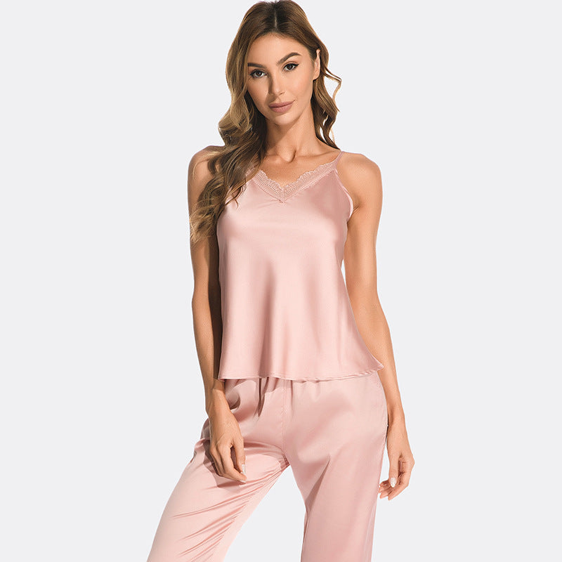 Ladies spring and summer ice silk s exy suspender nightdress nine minutes pants suit lace V-neck simulation silk pajamas women's home service