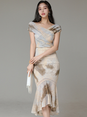 New Fashion Women Summer OL Elegant Bodycon Party Set Sexy V-Neck Tops Print Short Sleeve Shirt And Ruffle Skirt Two Piece Set