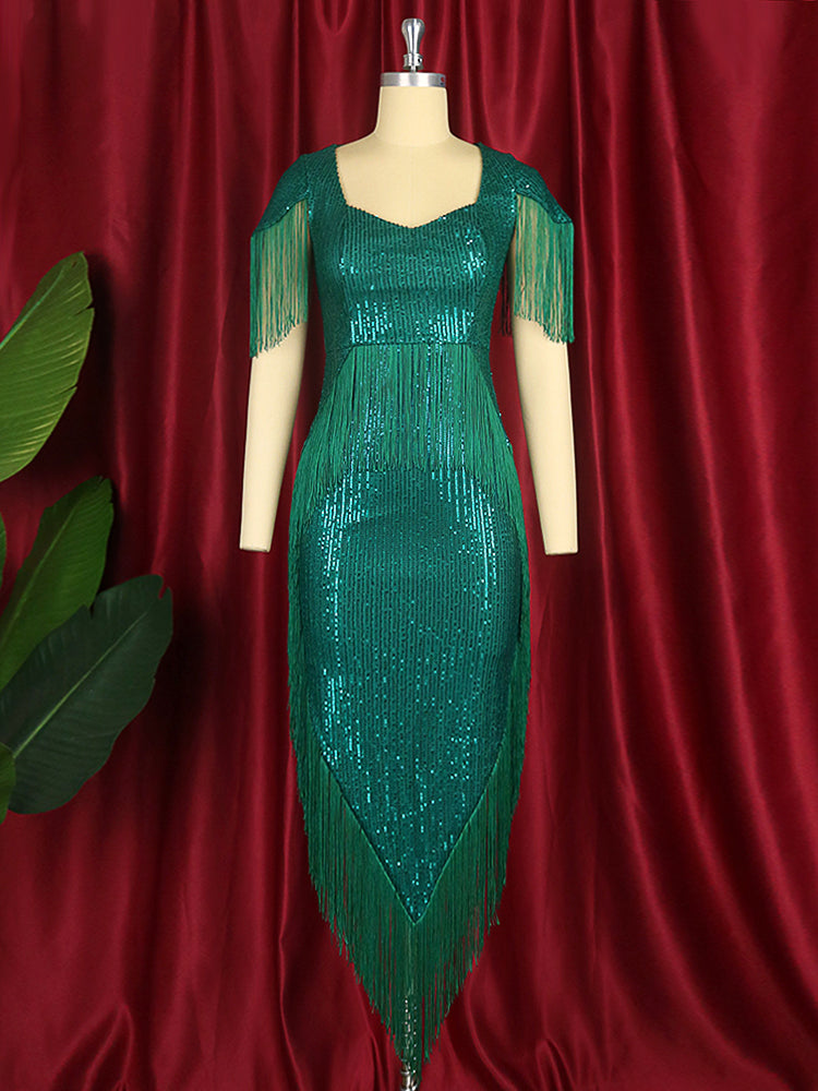 Women Green Tassel Dress Fringe Sequined Shiny Glitter Party Summer Prom Midi Bodycon Sexy Tunics Evening Birthday Robes Vintage