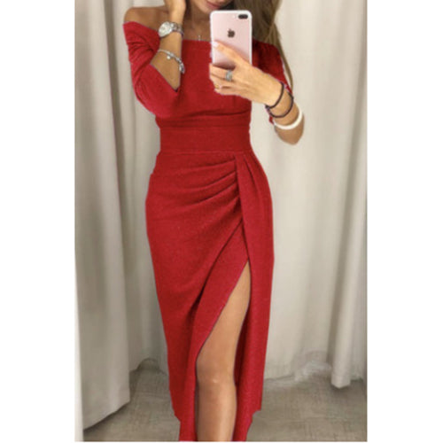Women's Off Shoulder Formal Wear Long Sleeve Bodycon Evening Gown Elegant High Waist Slit Ladies Strap Dress