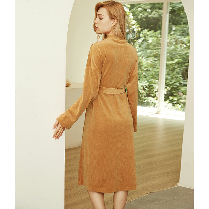 New style pajamas women autumn and winter long-sleeved cardigan women's nightgown solid color home service women