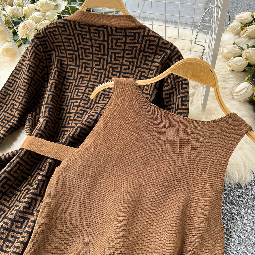 Women's  end small fragrance suit early spring and autumn lace-up  cardigan  waisted wide-leg pants three-piece set