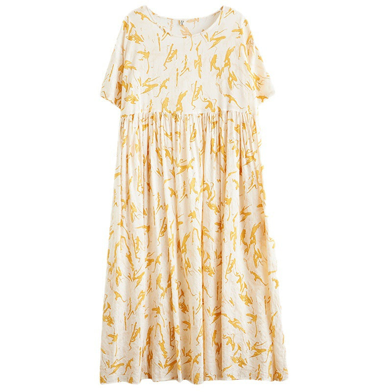 2023 جديد موري فتاة نمط رعوي صيف جديد أدبي وفني مقاس كبير سمين مم بالإضافة إلى الأسمدة وفستان قصير الأكمام مطبوع موسع