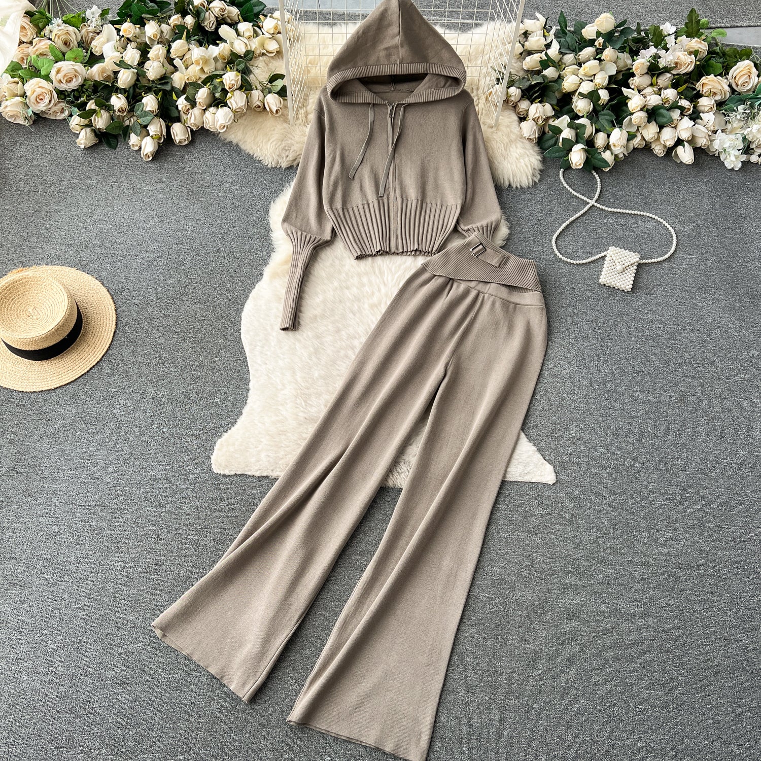 Autumn and winter European and American style minimalist solid color  hooded top +  waisted  trousers casual two-piece set