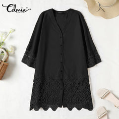 Celmia Elegant Dresses For Women 2022 Solid V Neck Long Sleeve Spliced Lace A-Line Vestidos Bohemian Party Casual Summer Plus Size Short Dresses