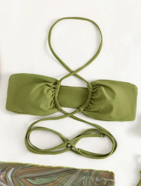 New drawstring strap skirt mesh split bikini with chest pad no steel support three-piece swimsuit bikini