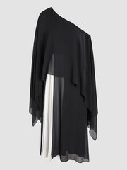 Black and white paneling elegant chiffon pleated dress