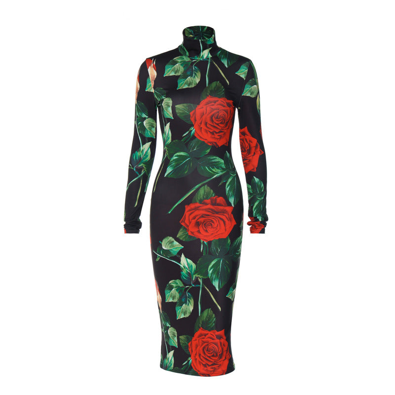 2023 صيف حار جديد أوروبا والولايات المتحدة مزاجه طباعة الموضة طوق بأكمام طويلة قسم من فستان الحزمة المتوسطة 