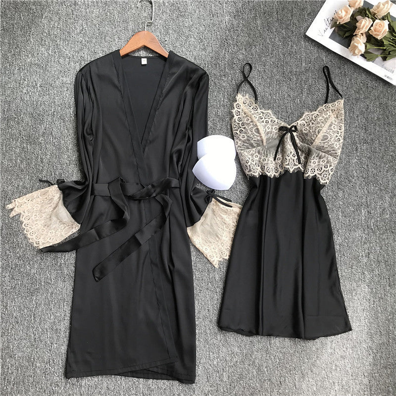 women Sleepwear set summer Ice silk Satin Pajamas 2-piece set  V-Neck Lace Sling nightdress and Bathrobe set female homewear solid color casual Pajama