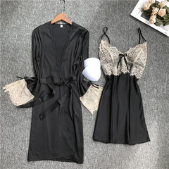 women Sleepwear set summer Ice silk Satin Pajamas 2-piece set  V-Neck Lace Sling nightdress and Bathrobe set female homewear solid color casual Pajama