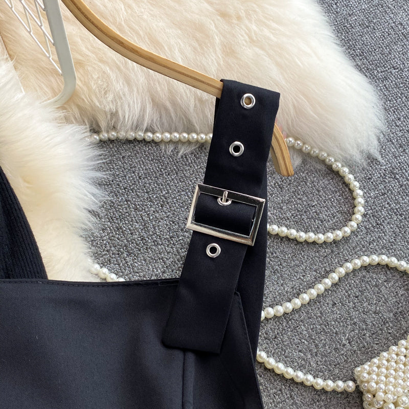 Autumn black stand-up collar tight  bottoming shirt two-piece suit  waisted splicing  fringe suspender dress