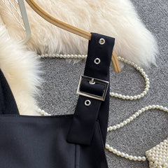 Autumn black stand-up collar tight  bottoming shirt two-piece suit  waisted splicing  fringe suspender dress