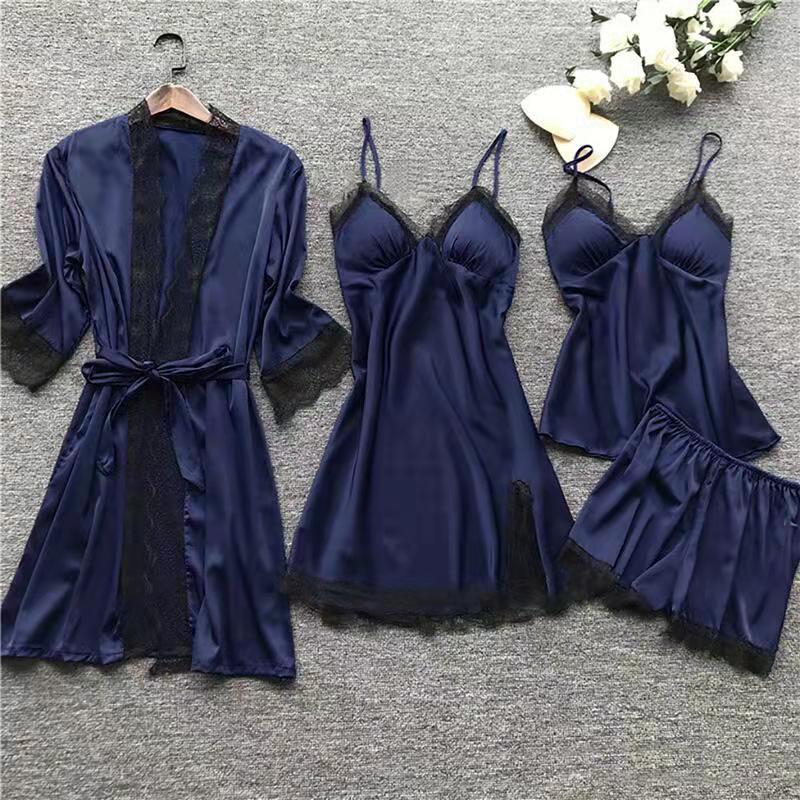Large size four-piece set with chest pad sexy suspenders home lace pajamas