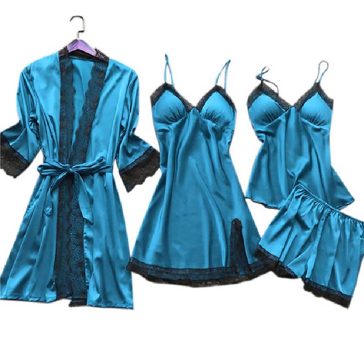 4PC Silk Robe Sleep Suit Womens Lace Satin Pajamas Gown Set V Neck Cami Nighties Wear Pijama Home Nightwear Spring Nightdress